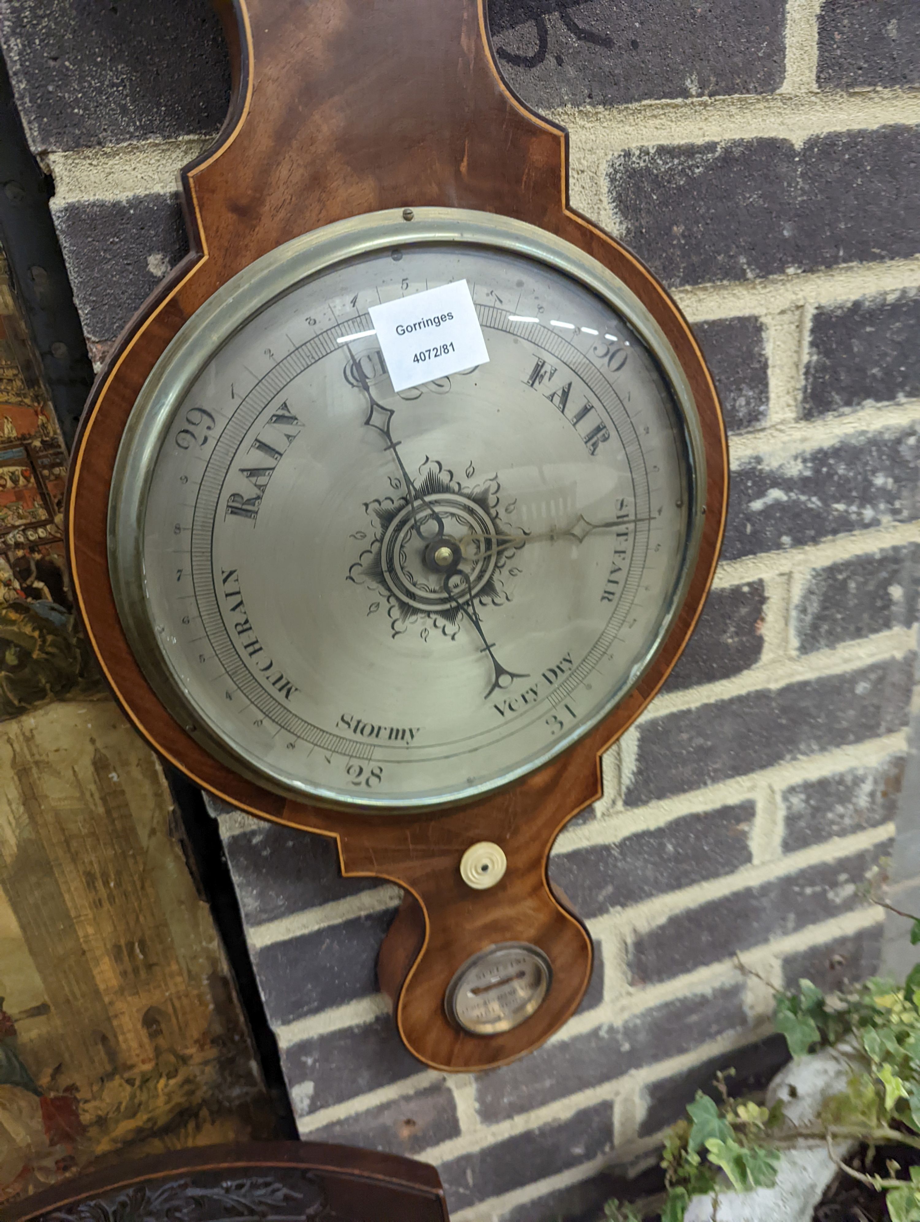 A Regency strung mahogany wheel barometer by J. Spelzini, Holborn, height 109cm